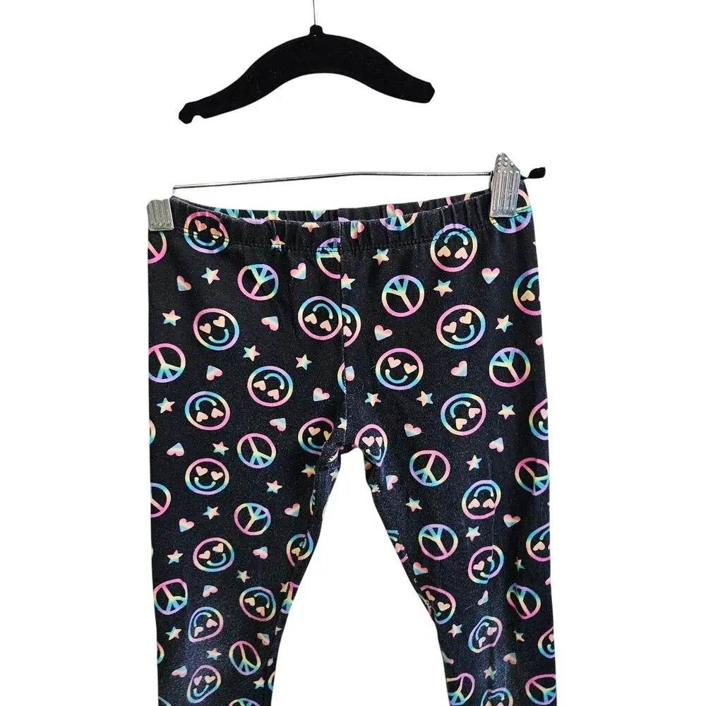 Children's Place Girls Size M Leggings Black Neon Rainbow Emoji Stars Peace Sign